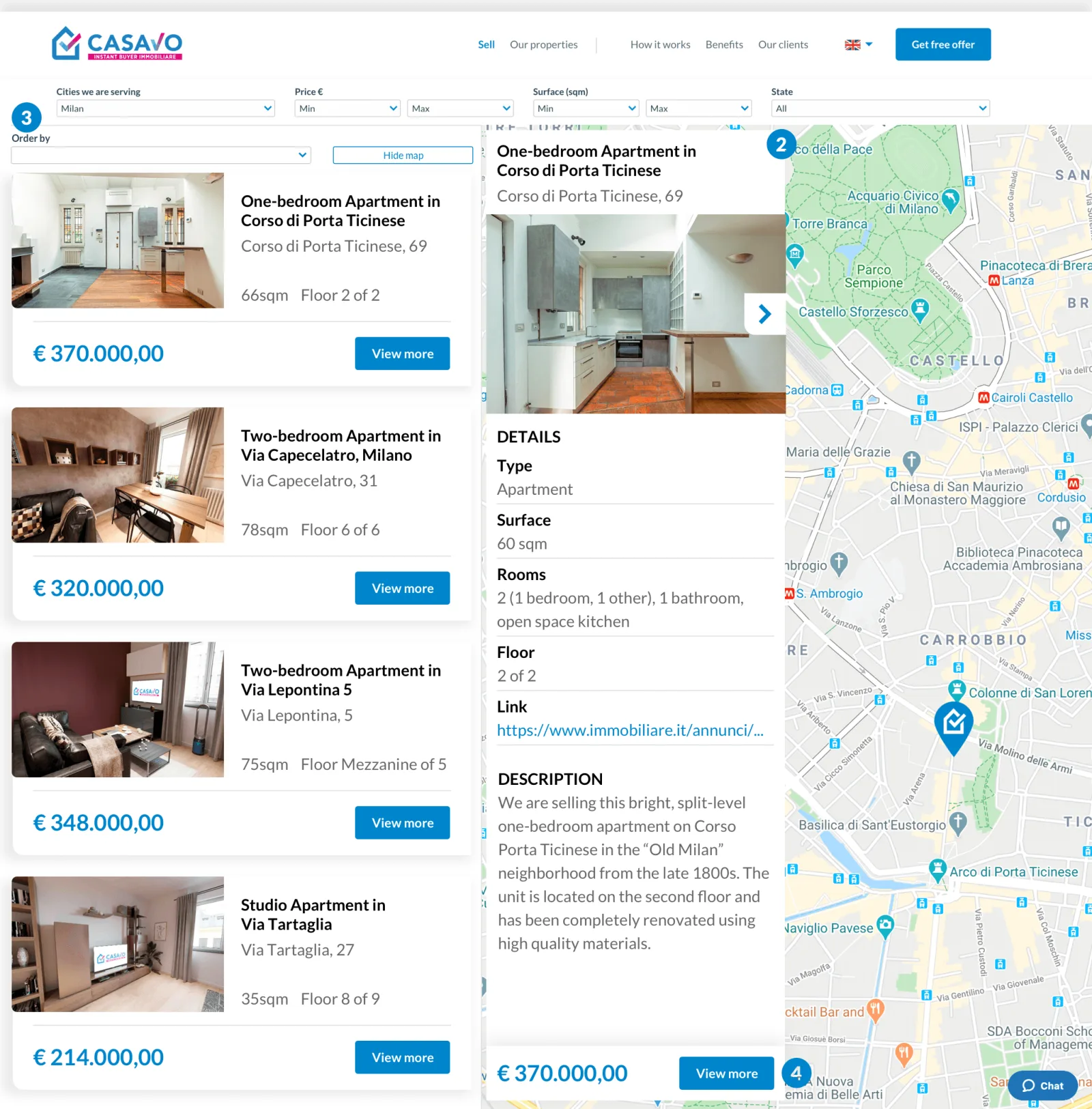 Interface: map and list side by side, with the same preview behaviour.