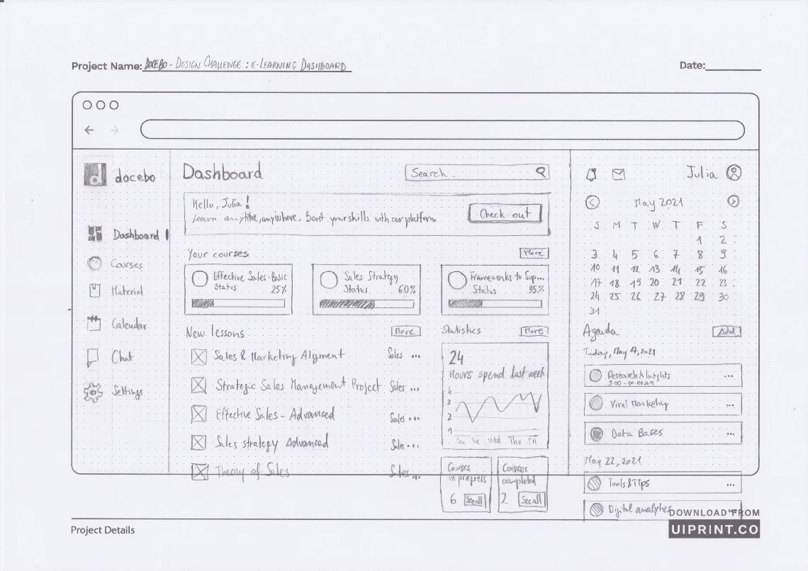 Dashboard wireframe: greeting, courses in progress, new and suggested courses, statistics and agenda.