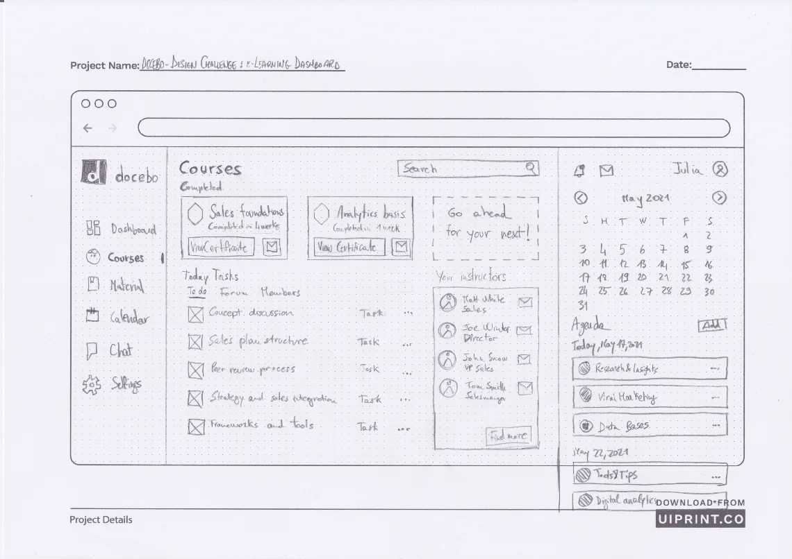 Courses wireframe: progress, achieved certificates, instructor contact.