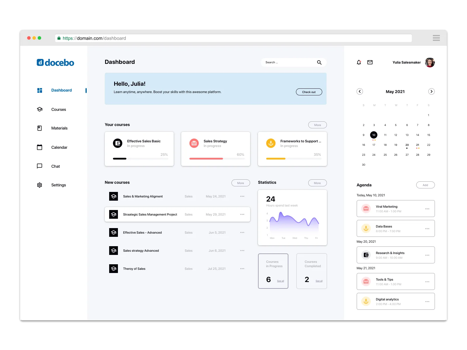 Dashboard: progress on active courses is the first thing on the page, statistics and agenda sit to the right, and new courses are a discrete, non-competing block.