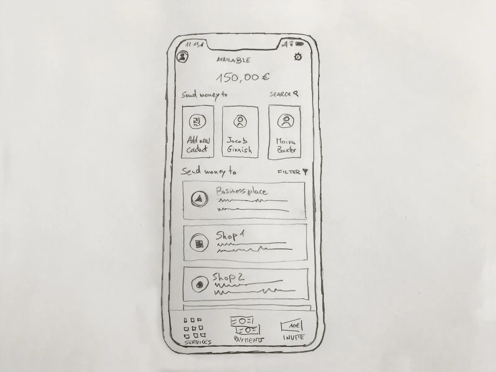 Hand wireframe: balance, recent contacts, nearby shops, bottom bar.