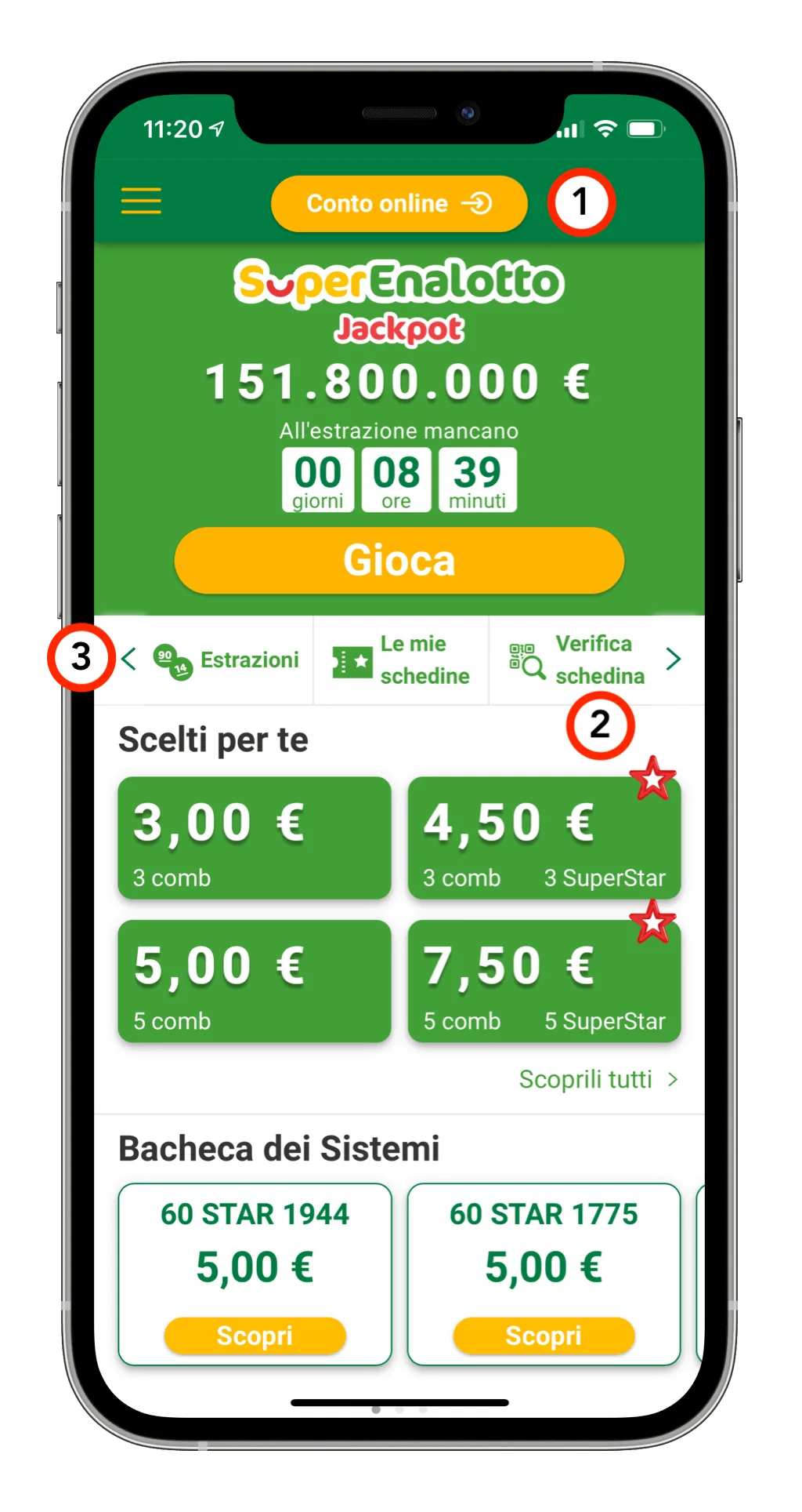 Annotated home screen of the live SuperEnalotto app