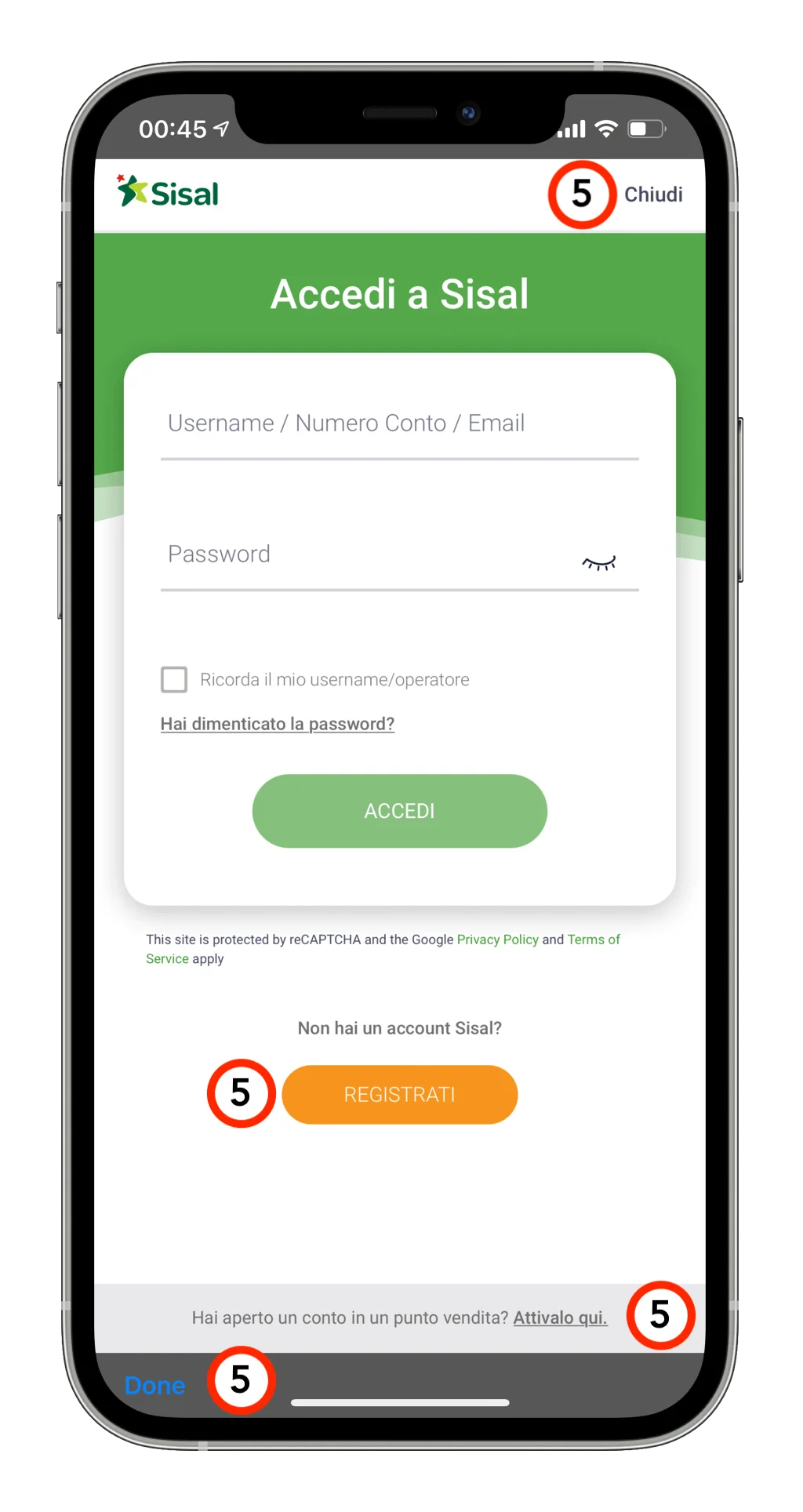 Annotated login screen of the live app