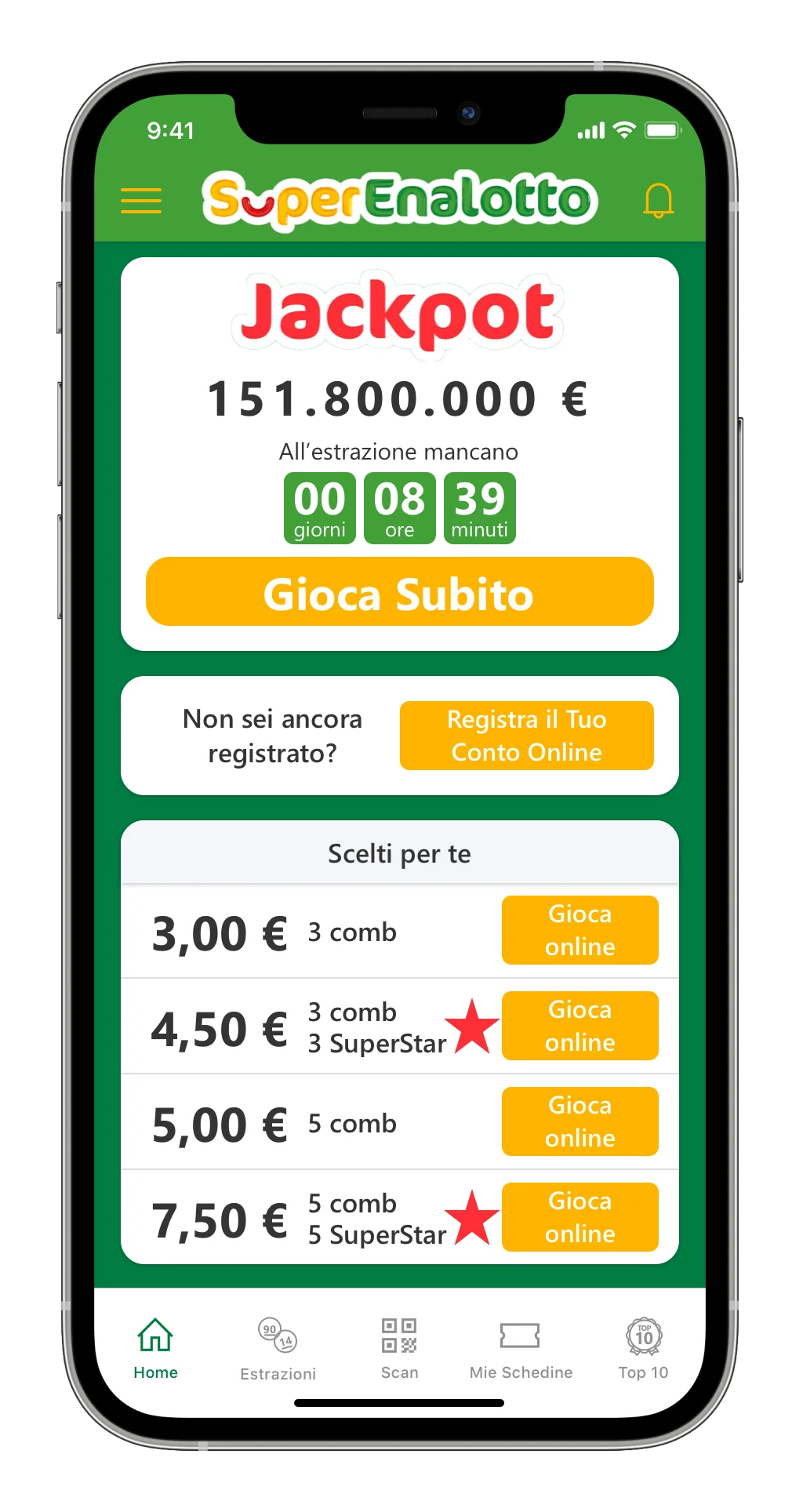 New home screen: jackpot and countdown, contextual account prompt, quick plays as tappable rows, persistent tab bar.