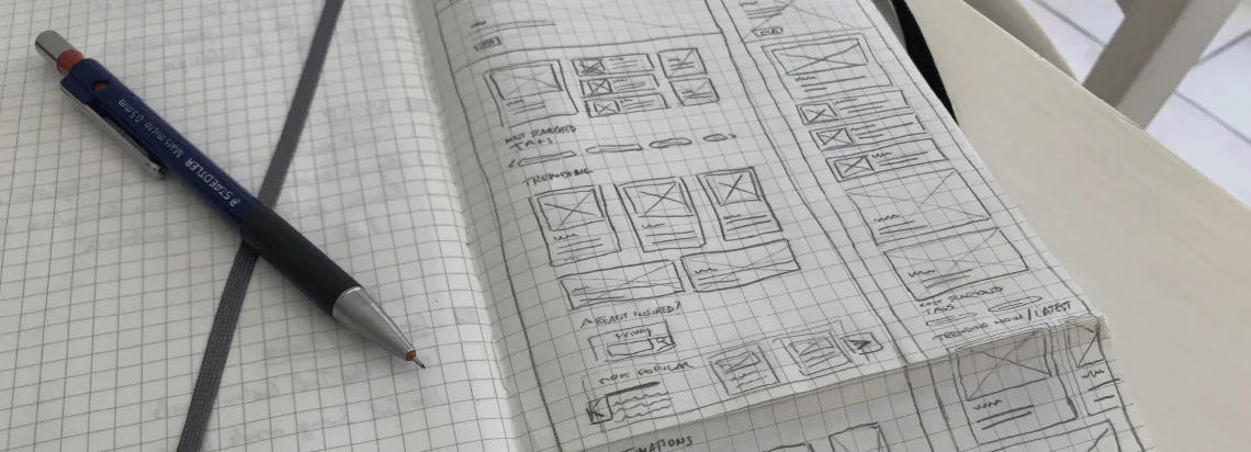 Draft modules in pencil: hero, most-searched tags, trending, destinations.
