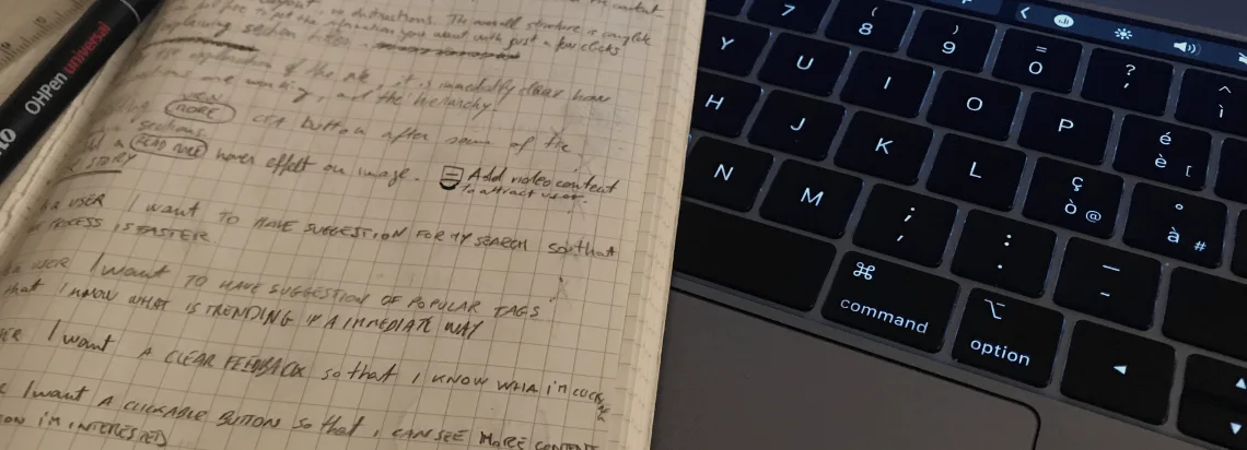 Working notes: audit findings on the right-hand page, the user stories they generate on the left.