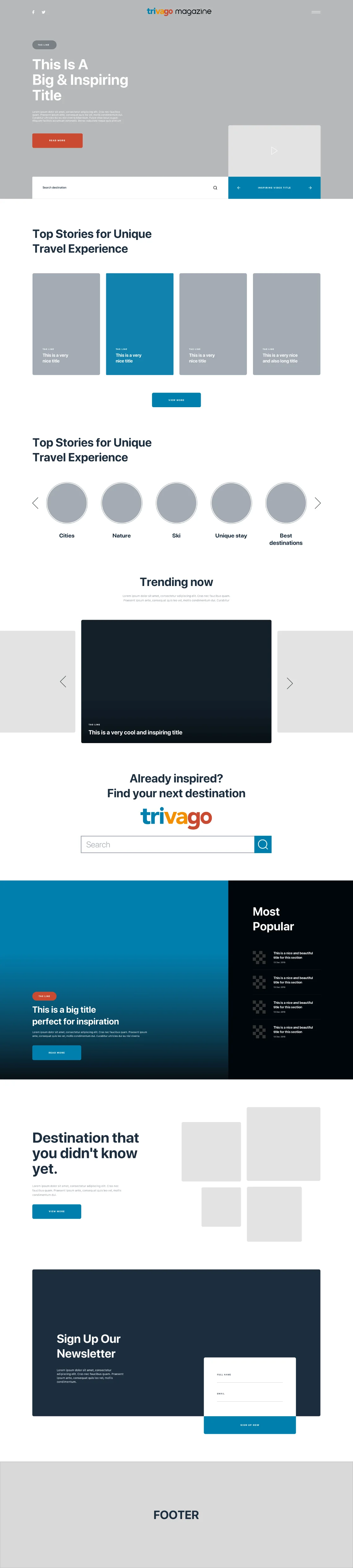 The full homepage wireframe in Sketch. Reading down: hero with a real call to action and a featured video, top stories with a “view more”, topic chips, a trending carousel, then th