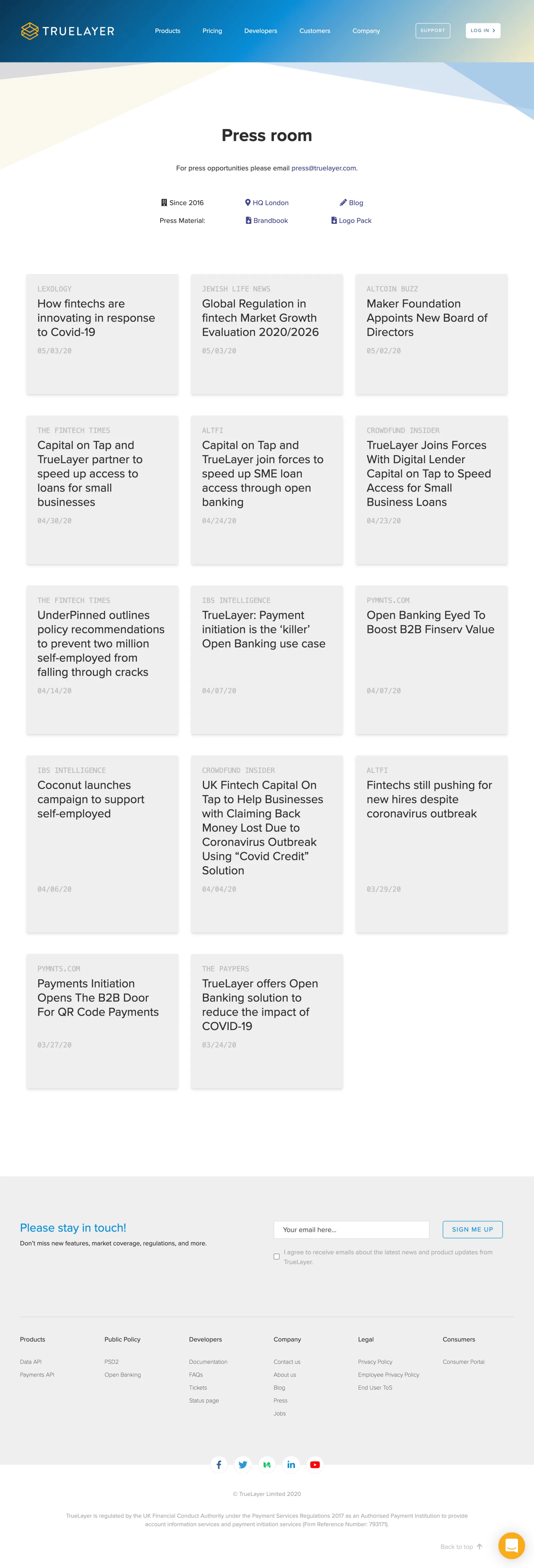 The finished Press page, full length: contact and overview first, then media coverage in a three-up grid with publication name leading, then media assets.